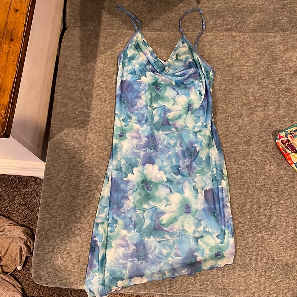 Asymmetric ruffle hem blue floral tank dress